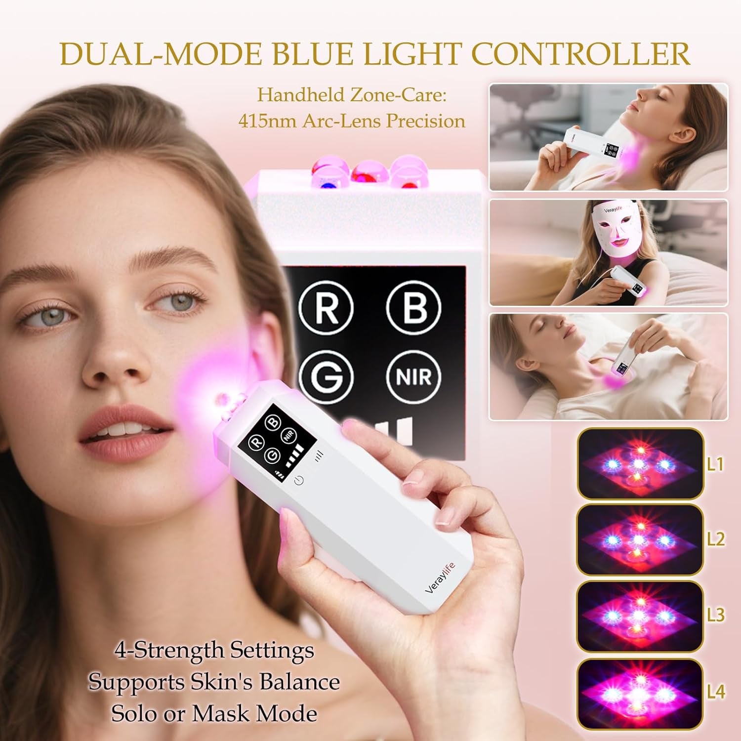 Red Light Therapy Mask for Face, LED Facial Mask, Skin Care Light with near Infrared 850Nm & Adjustable Blue Light, Portable Home Device with 7 Colors & 8 Modes, 432 Beads Pro Leds (White)