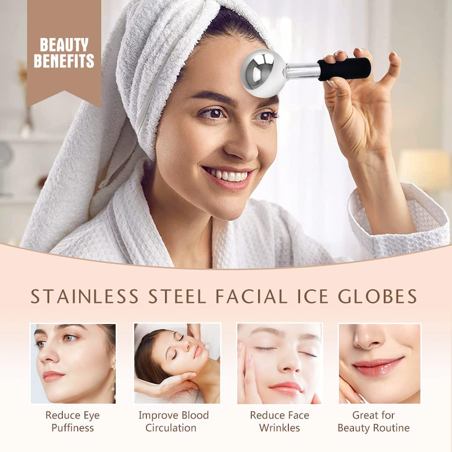 Stainless Steel Ice Globes for Facials, Cold Therapy Facial Roller for Face and Eyes, Facial Cold Roller Massager Skincare Tool
