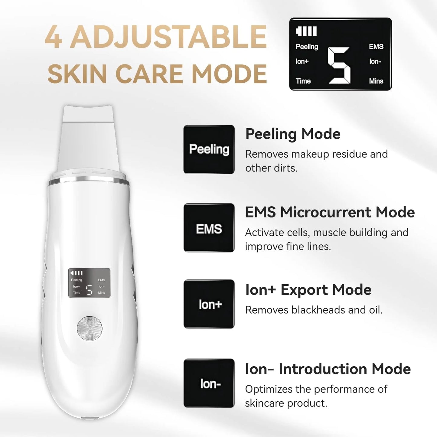 Skin Scrubber Face Spatula Skin Spatula Pore Cleaner Blackhead Remover Tools with 4 Modes, Ultrasonic Face Cleanser Blackhead Extractor for Deep Cleansing, 4 in 1 Facial Skin Care Tool