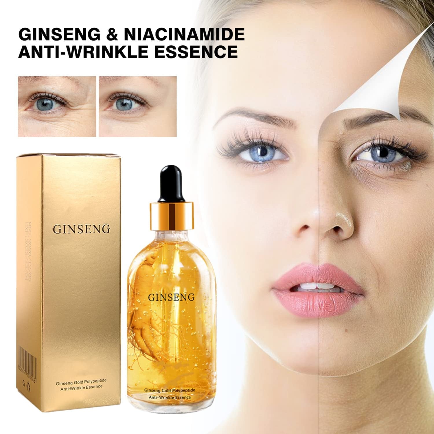 2Pcs Ginseng Polypeptide Anti-Ageing Essence, Ginseng Gold Polypeptide Anti-Ageing Essence, Ginseng Serum, for Tightening Sagging Skin Reduce Fine Lines (100 Ml)