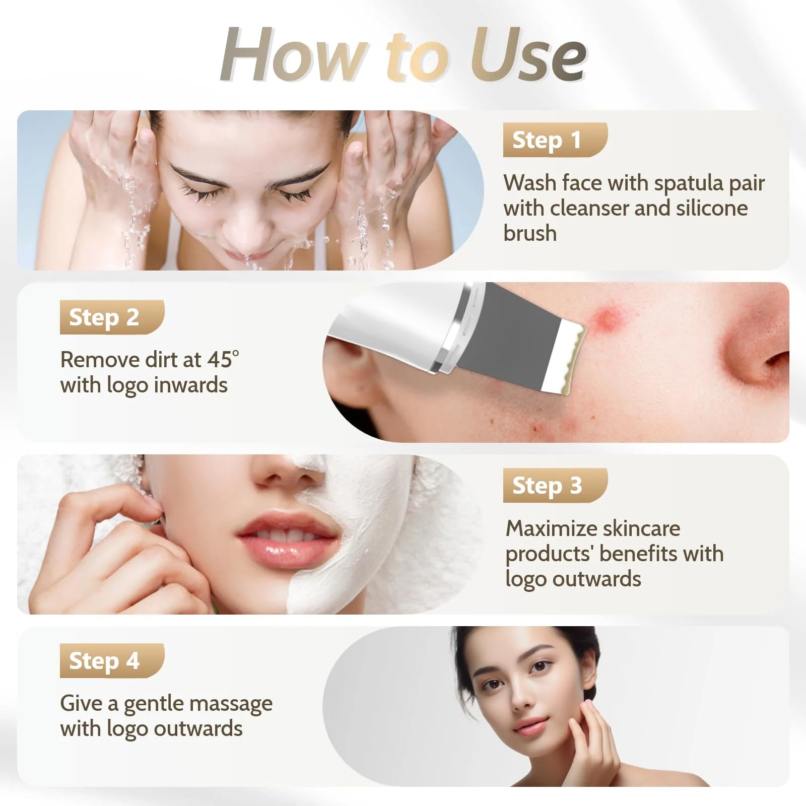 Skin Scrubber Face Spatula Skin Spatula Pore Cleaner Blackhead Remover Tools with 4 Modes, Ultrasonic Face Cleanser Blackhead Extractor for Deep Cleansing, 4 in 1 Facial Skin Care Tool