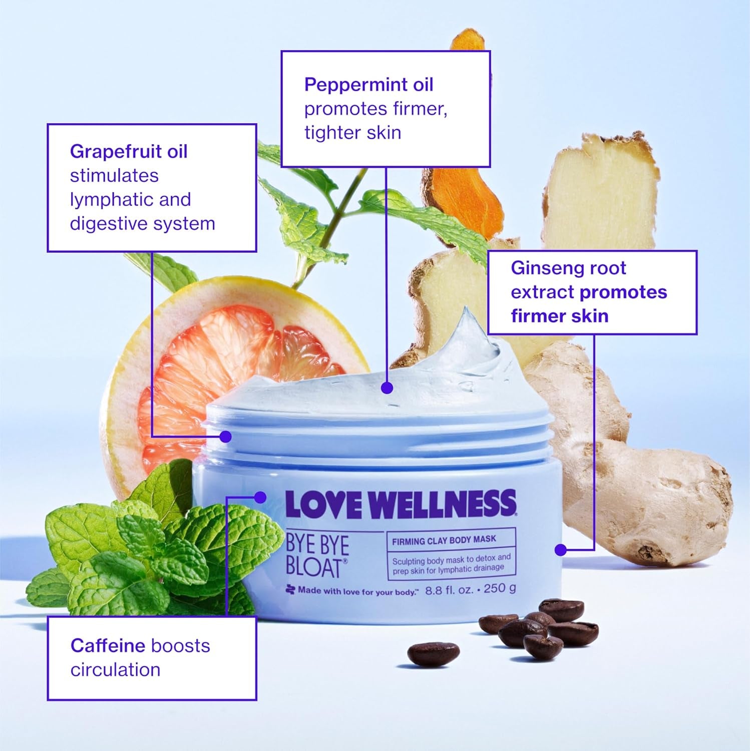Bye Bye Bloat Firming Clay Body Mask | Lymphatic Drainage Body Mask for Women | Support Bloating Relief, Skin Hydration & Boost Circulation | Caffeine, Grapefruit & Peppermint Oil | 250G