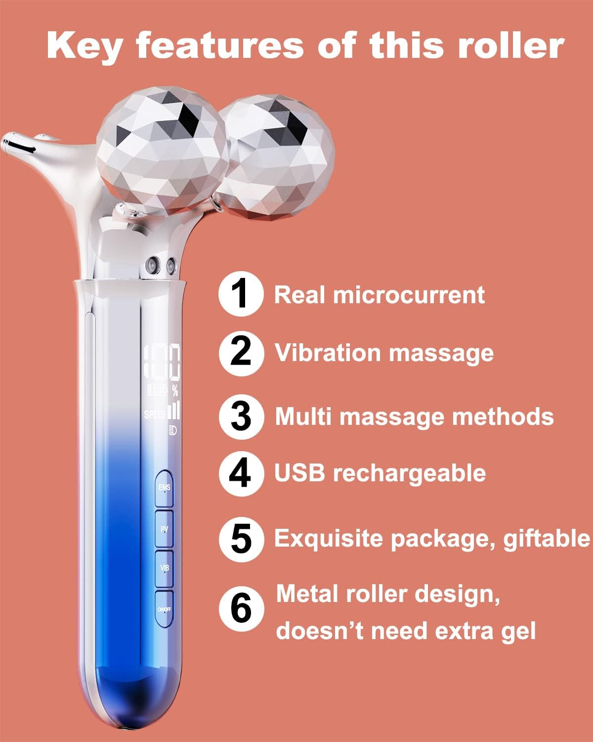 Microcurrent Face Massager Roller, 5D Microcurrent Facial Device Facial Massager Beauty Skin Care Tool for Face Eye Neck, Gift for Women